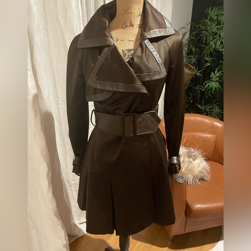 Bebe fit flair leather trim trench rain coat